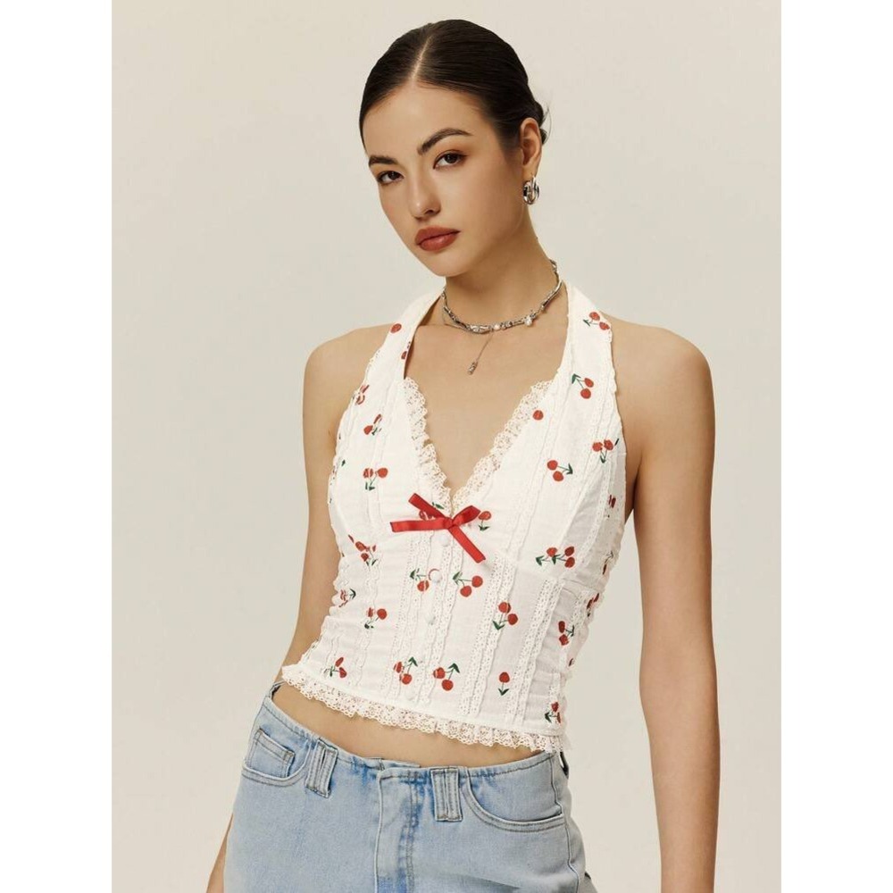 SHEIN Cherry Print Eyelet Halter Top White Lace Trim Smocked Back Red Bow Accent
